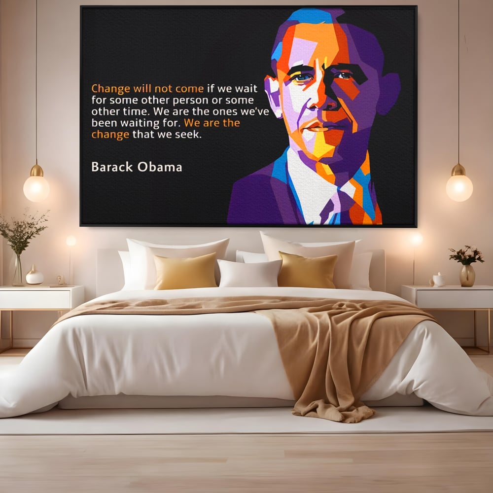 Tablou canvas cu tablou canvas cu portretul stilizat al lui barack obama, in rama de aluminiu negru, pe perete intr-un dormitor